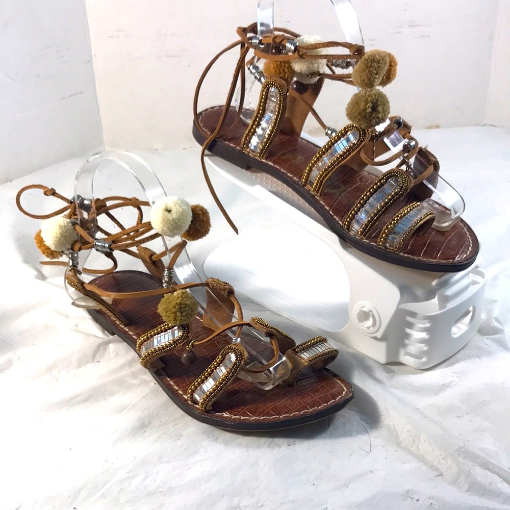 Sam Edelman Women’s Graiela Brown Leather Mirror Bead Pom Pom Flat Wrap Sandals
